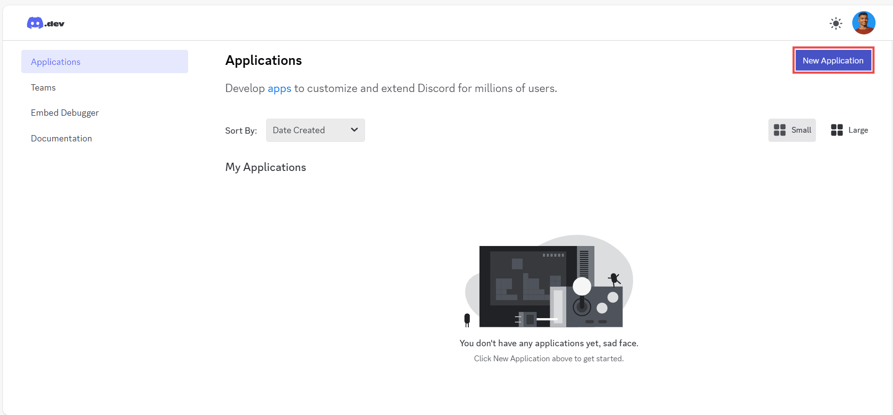 Screenshot showing the 'create application' button "Screenshot showing the 'create application' button"
